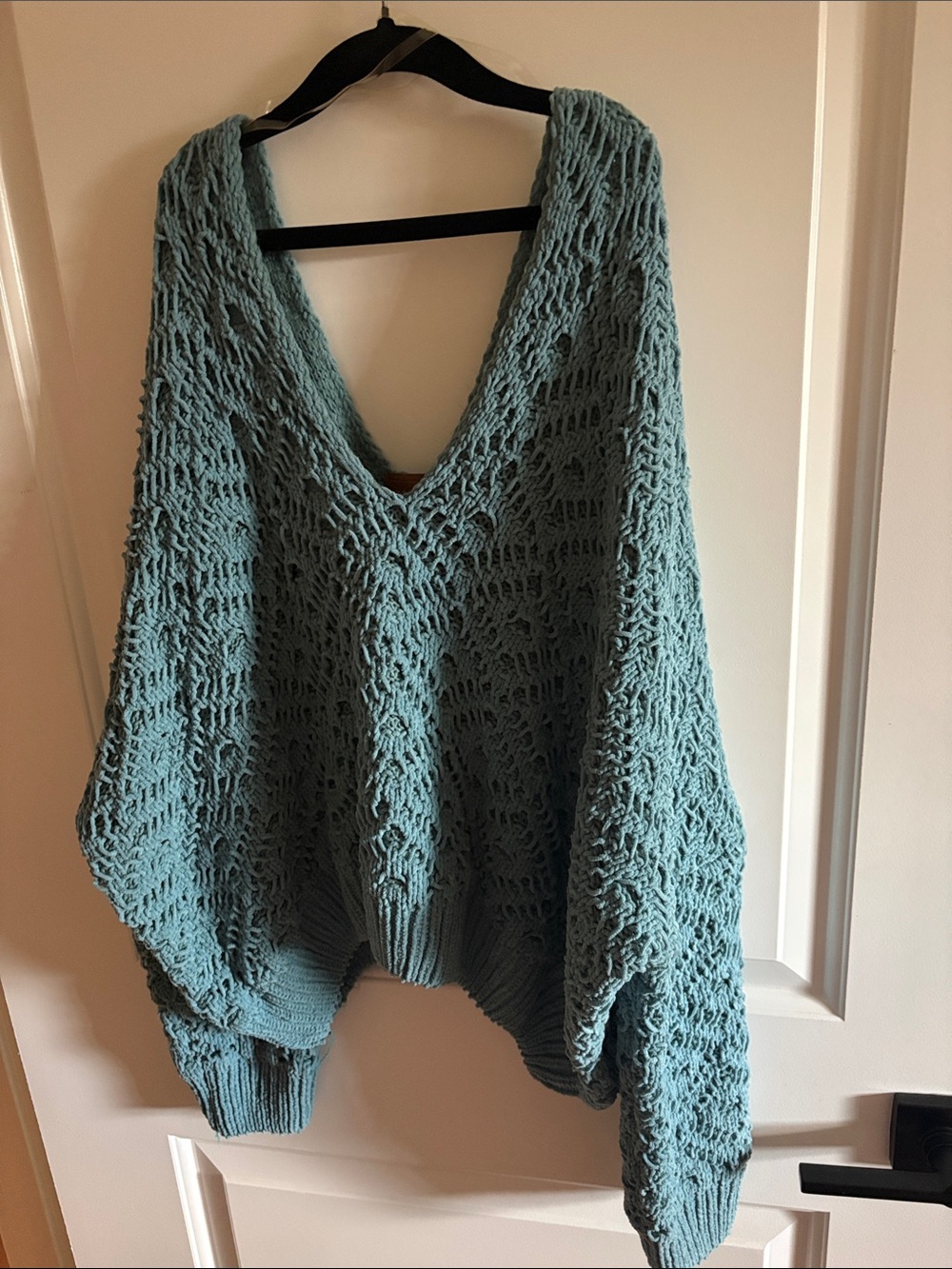 POL Open-Knit V-Neck Sweater in Teal Blue